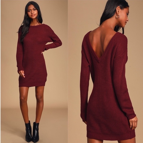 LULU’S Bringing Sexy Back Wine Red Backless Sweater Dress - Picture 1 of 4